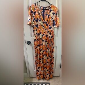 Floral V-Neck Maxi Dress in Orange, Navy & Cream